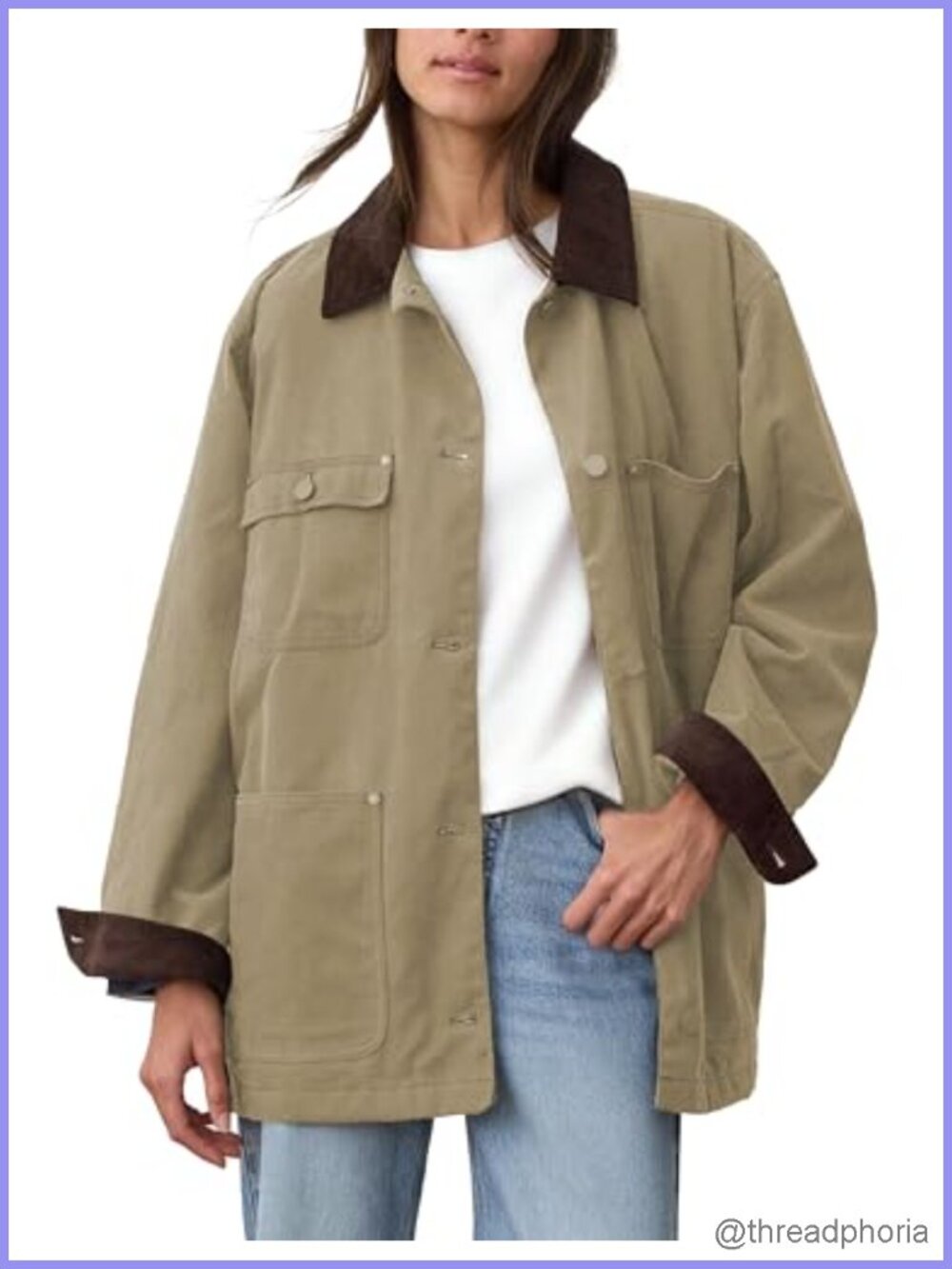 Oversized Utility Cotton Coat Corduroy Collar Barn Jacket with Pockets - Picture 1 of 5
